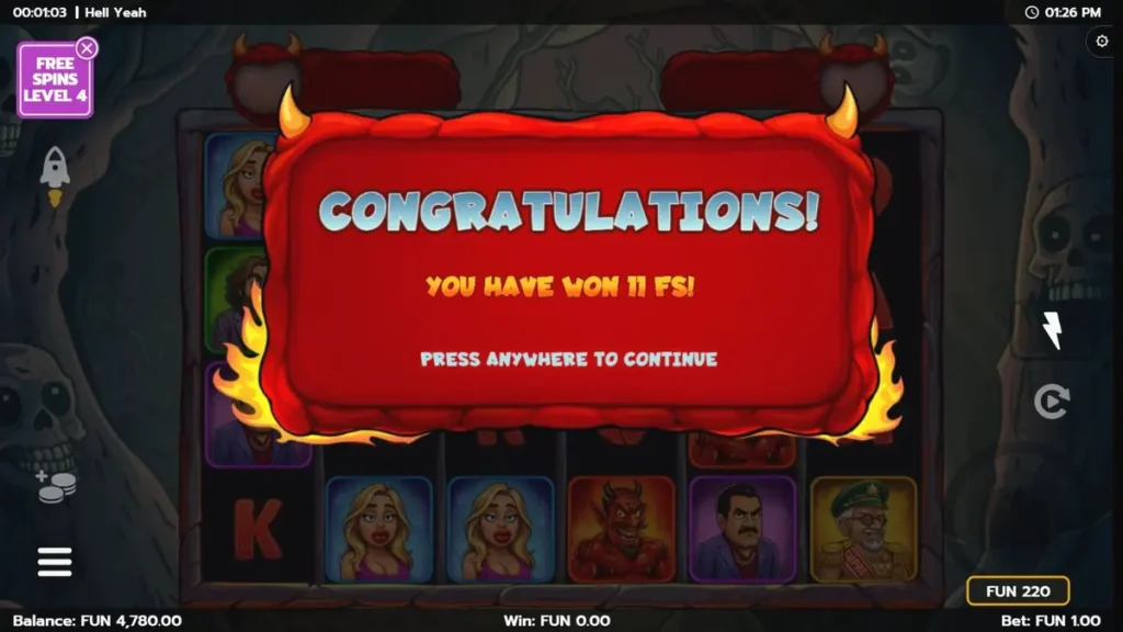 Interface do jogo de slot Hell Yeah com personagens cartunescos e elementos do submundo