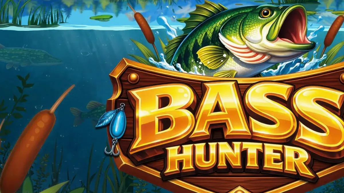 Interface do jogo Bass Hunter com cenário de lago nórdico e símbolos de pesca.