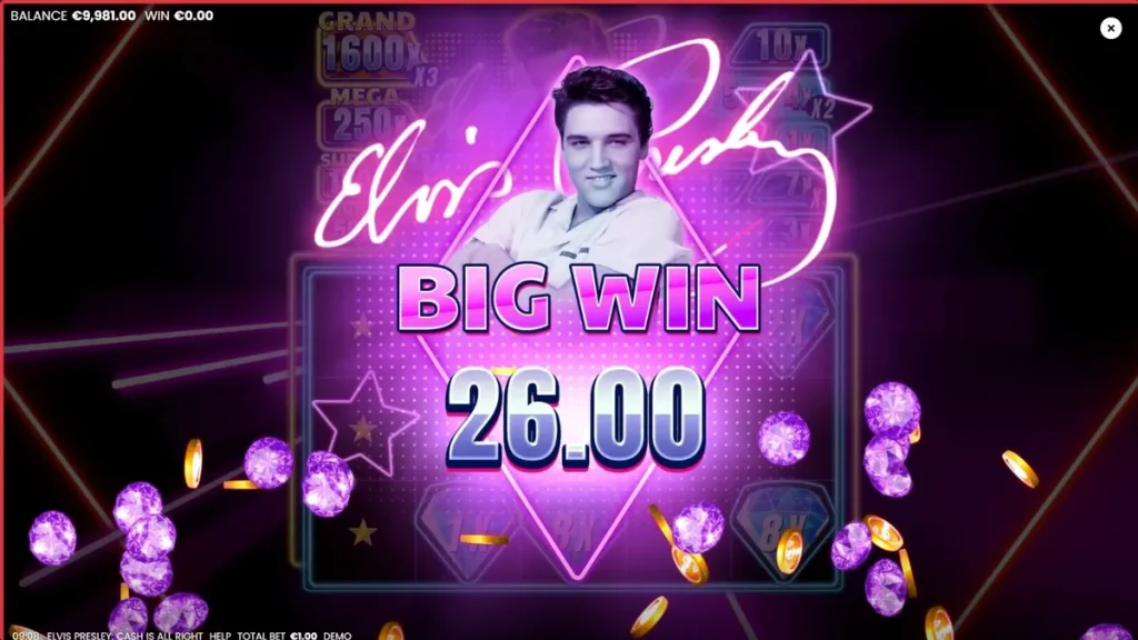 Interface do jogo de slot Elvis Presley: Cash is All Right com elementos neon e ícones do Rei