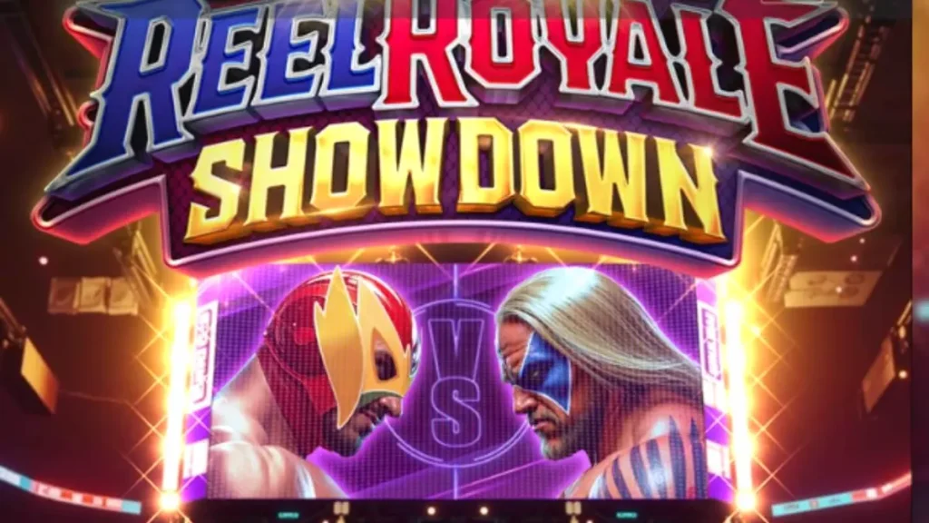 Lutadores de luta livre em um ringue iluminado no jogo Reel Royale Showdown